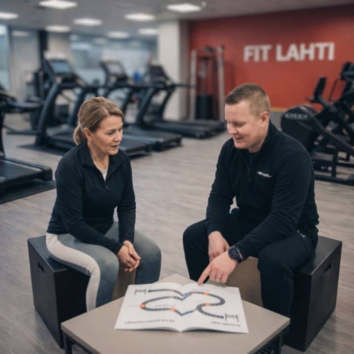 Valmentaja Aki Laitinen ja asiakas valmennuskeskustelussa kuntosalilla.